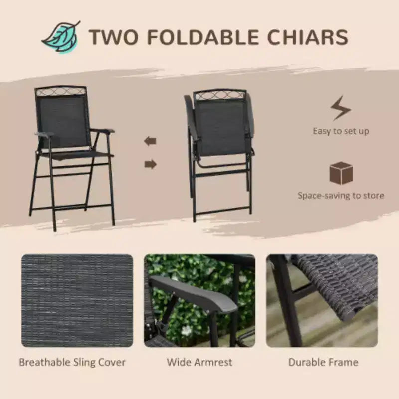 Ensemble de salle à manger d'extérieur 4 pièces avec table en verre trempé texturé vague, 2 chaises pliantes et parasol inclinable pour jardin ou terrasse - Noir