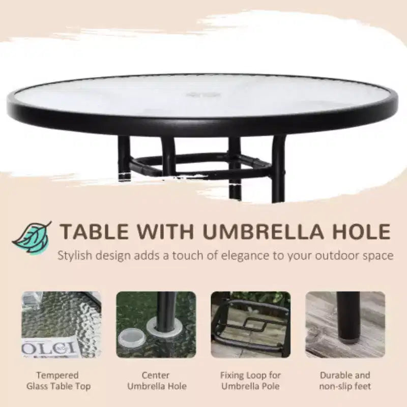 Ensemble de salle à manger d'extérieur 4 pièces avec table en verre trempé texturé vague, 2 chaises pliantes et parasol inclinable pour jardin ou terrasse - Noir