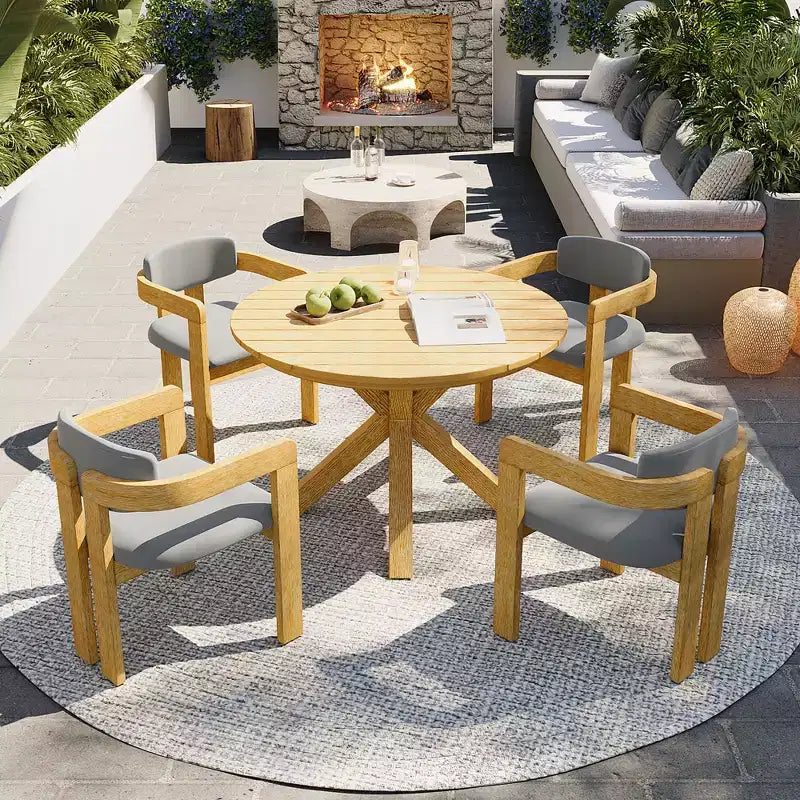 Christopher Knight Home Sandy Ensemble de salle à manger d'extérieur rustique 5 pièces en bois d'acacia avec 4 chaises rembourrées et 1 table ronde à lattes