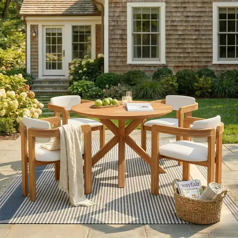 Christopher Knight Home Sandy 5 Piece Rustic Outdoor Acacia Wood Dining Set with 4 Barrel Upholstered Chairs and 1 Round Slatted Table