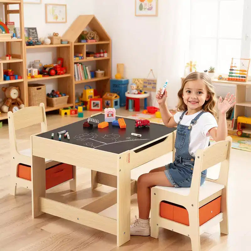 Ensemble Table et 2 Chaises pour Enfants VEVOR, Ensemble Table et Chaise pour Tout-Petits avec Espace de Rangement sous la Table, Boîte de Rangement en Tissu sous les Chaises, Marron