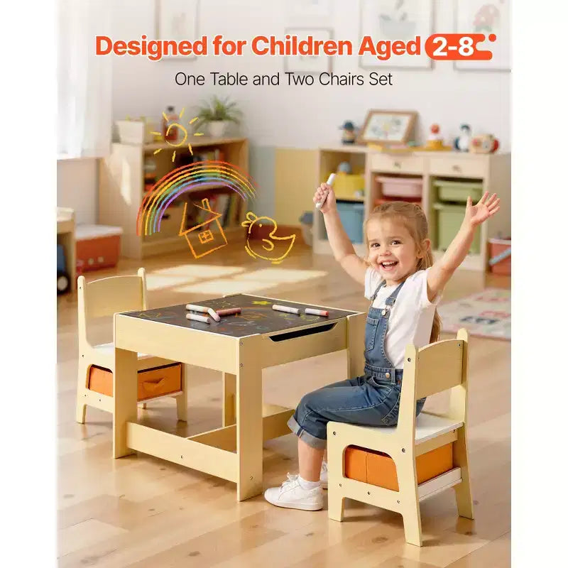 Ensemble Table et 2 Chaises pour Enfants VEVOR, Ensemble Table et Chaise pour Tout-Petits avec Espace de Rangement sous la Table, Boîte de Rangement en Tissu sous les Chaises, Marron