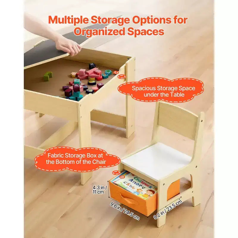 Ensemble Table et 2 Chaises pour Enfants VEVOR, Ensemble Table et Chaise pour Tout-Petits avec Espace de Rangement sous la Table, Boîte de Rangement en Tissu sous les Chaises, Marron