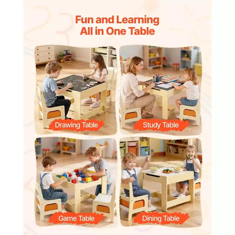 Ensemble Table et 2 Chaises pour Enfants VEVOR, Ensemble Table et Chaise pour Tout-Petits avec Espace de Rangement sous la Table, Boîte de Rangement en Tissu sous les Chaises, Marron