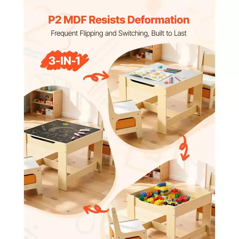 Ensemble Table et 2 Chaises pour Enfants VEVOR, Ensemble Table et Chaise pour Tout-Petits avec Espace de Rangement sous la Table, Boîte de Rangement en Tissu sous les Chaises, Marron