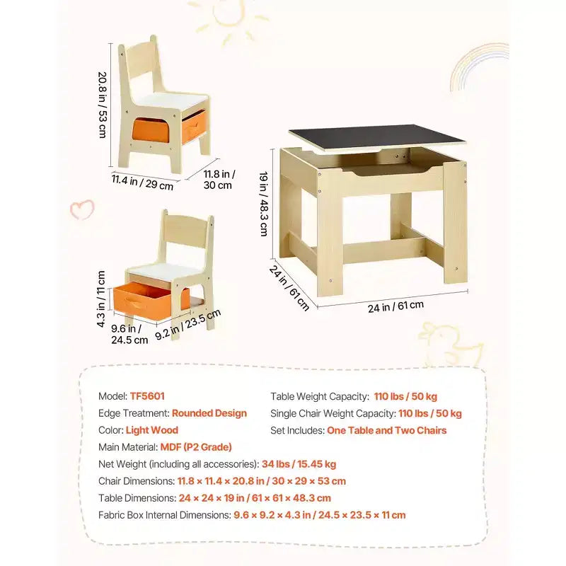 Ensemble Table et 2 Chaises pour Enfants VEVOR, Ensemble Table et Chaise pour Tout-Petits avec Espace de Rangement sous la Table, Boîte de Rangement en Tissu sous les Chaises, Marron