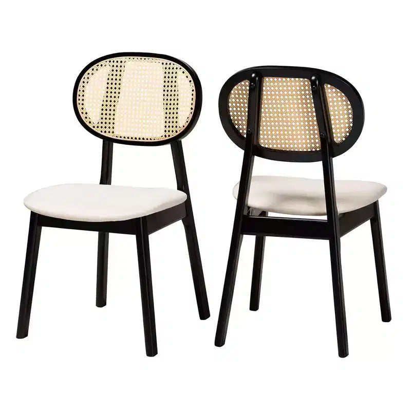 Chaises de salle à manger en tissu et bois Crème/Noir/Marron clair : Revêtement en polyester, Structure en bois d'hévéa