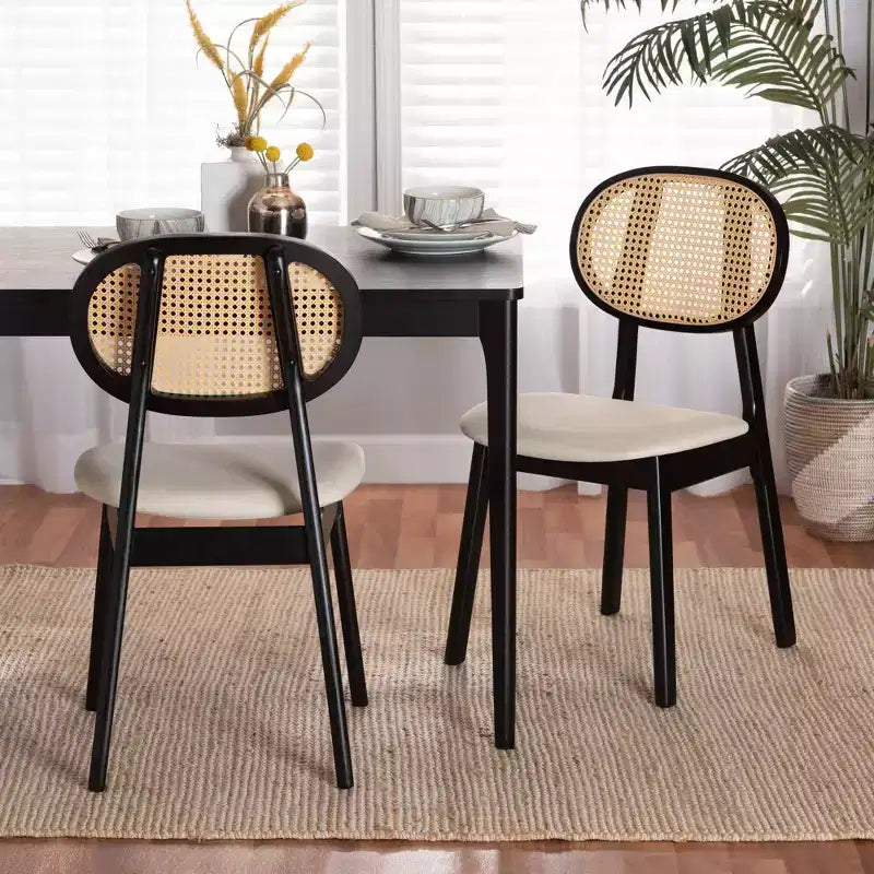Chaises de salle à manger en tissu et bois Crème/Noir/Marron clair : Revêtement en polyester, Structure en bois d'hévéa