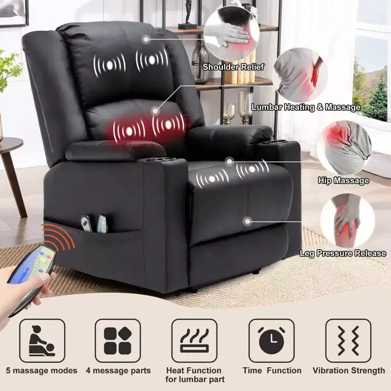Fauteuil inclinable de massage en cuir PU, Fauteuil releveur électrique Noir