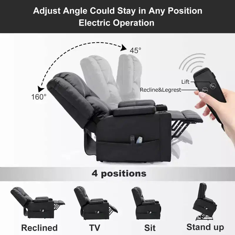 Fauteuil inclinable de massage en cuir PU, Fauteuil releveur électrique Noir