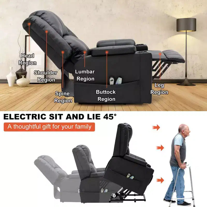 Fauteuil inclinable de massage en cuir PU, Fauteuil releveur électrique Noir