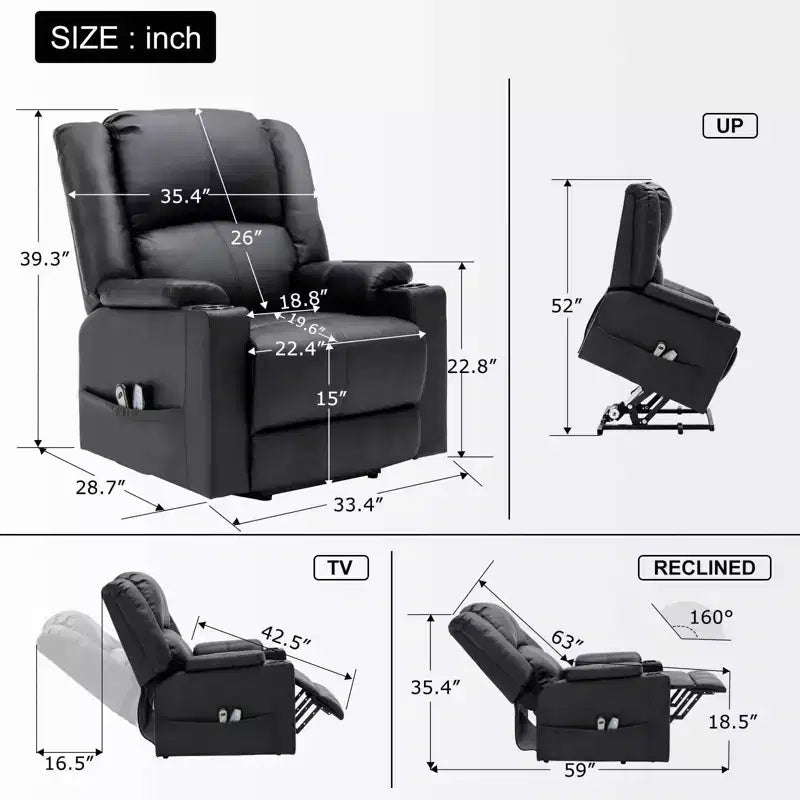 Fauteuil inclinable de massage en cuir PU, Fauteuil releveur électrique Noir