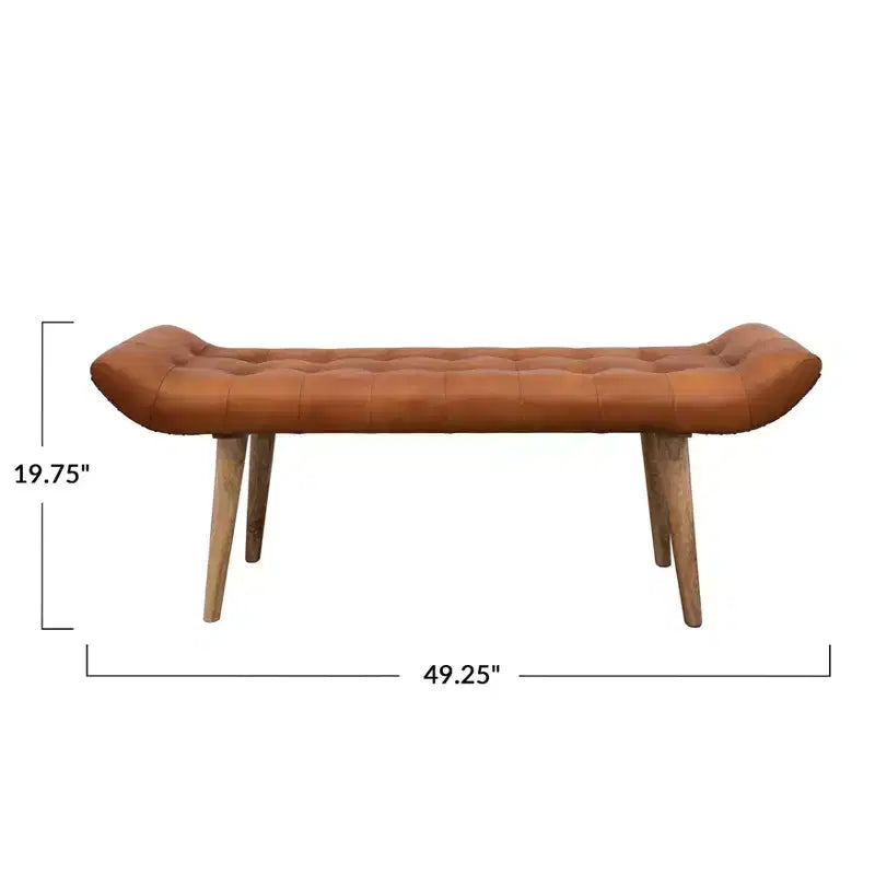 Banc en cuir de chèvre Tobacco : Cadre en bois de manguier, repose-pieds rectangulaire rembourré, assemblage par un adulte