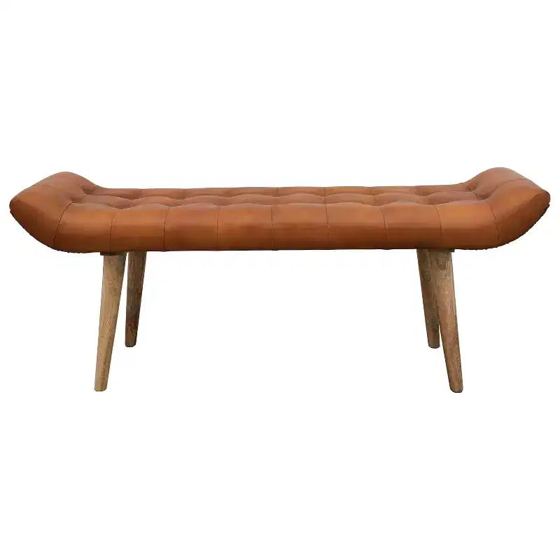 Banc en cuir de chèvre Tobacco : Cadre en bois de manguier, repose-pieds rectangulaire rembourré, assemblage par un adulte