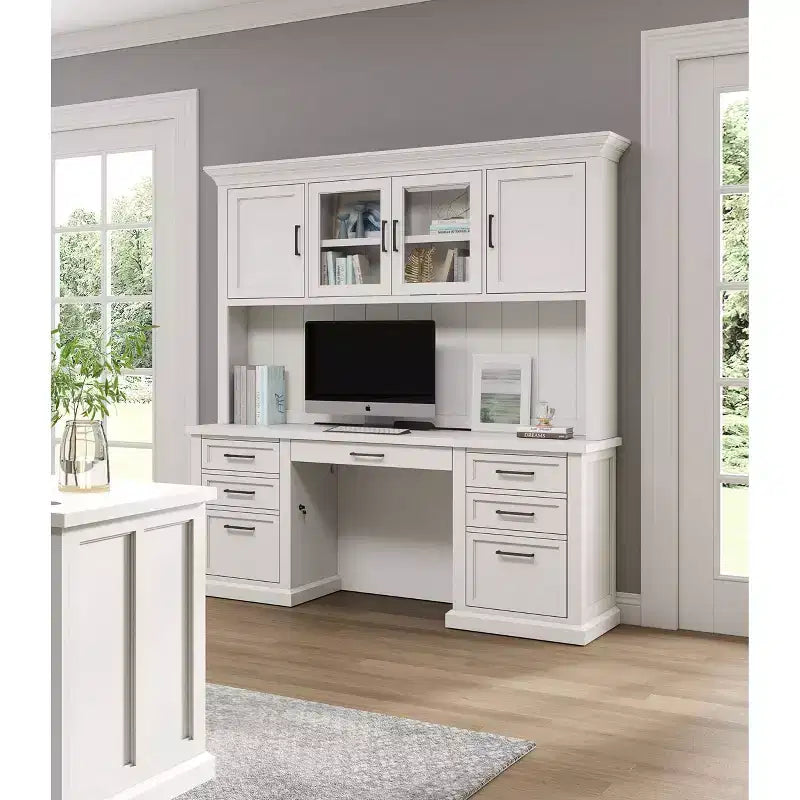 Bureau Credenza Moderne en Bois avec Huche, Entièrement Assemblé, Blanc - Collection