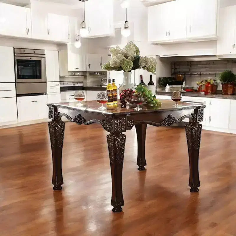 54-inch cherry wood veneer side table with turned wood legs and floral pattern