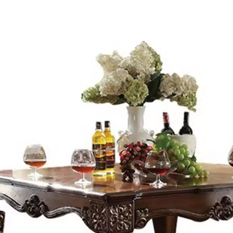 54-inch cherry wood veneer side table with turned wood legs and floral pattern