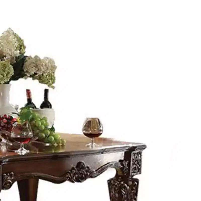 54-inch cherry wood veneer side table with turned wood legs and floral pattern