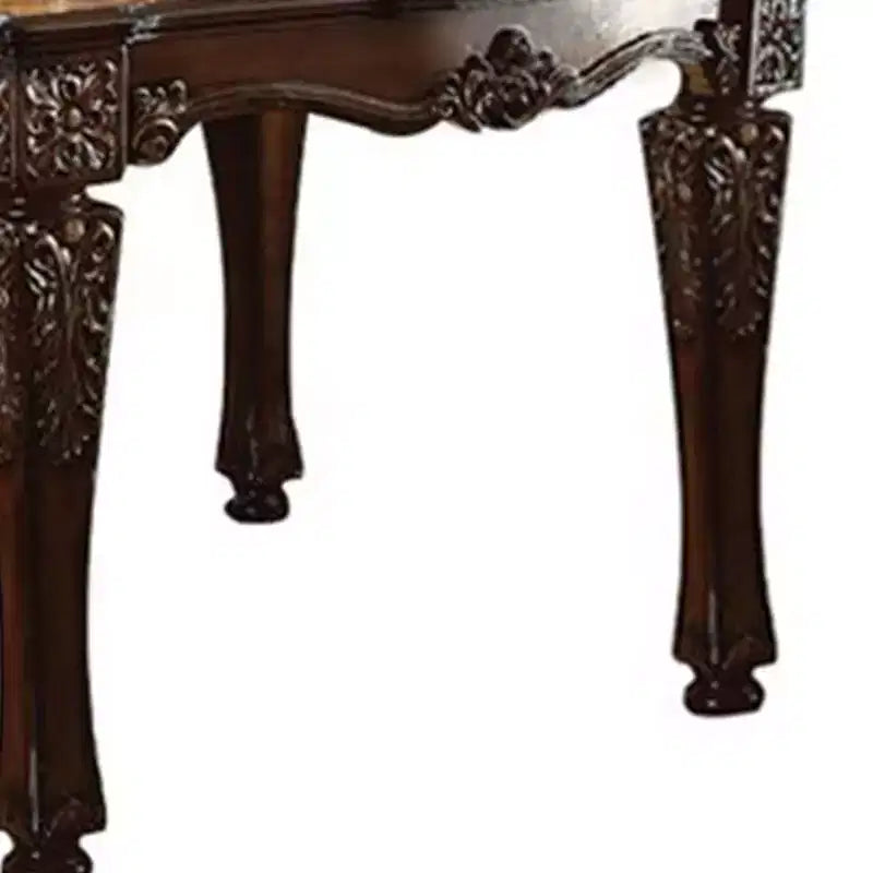 54-inch cherry wood veneer side table with turned wood legs and floral pattern