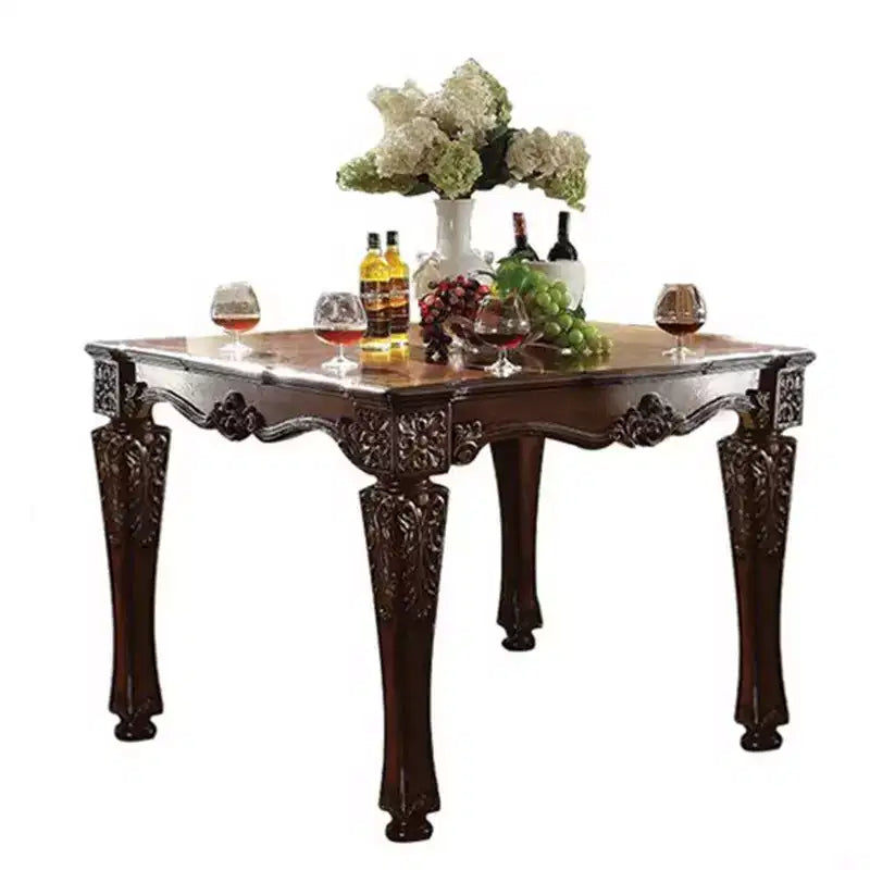 54-inch cherry wood veneer side table with turned wood legs and floral pattern