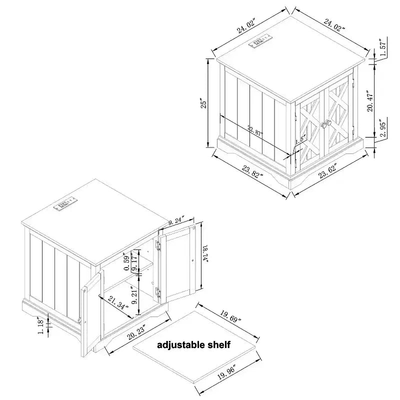 Table d'appoint 2 portes grise : style rustique, prises USB/CA intégrées, étagère réglable