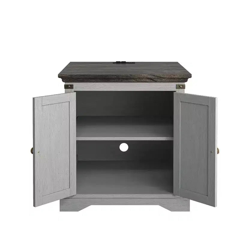 Table d'appoint 2 portes grise : style rustique, prises USB/CA intégrées, étagère réglable