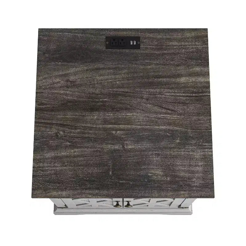 Table d'appoint 2 portes grise : style rustique, prises USB/CA intégrées, étagère réglable