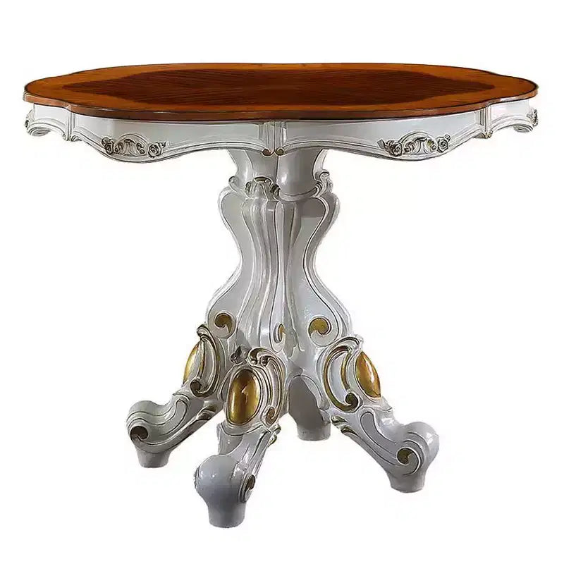 Table d'appoint Picardie 48 po perle antique et chêne cerisier - : Détails sculptés, Forme ronde