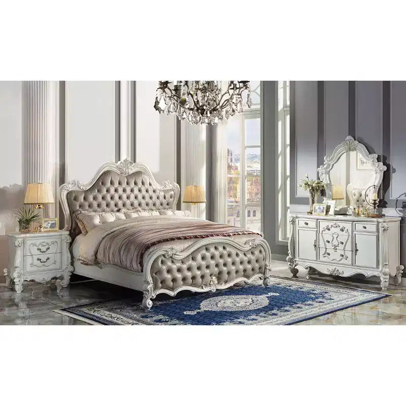 Lit Queen 99" en similicuir gris vintage, capitonné