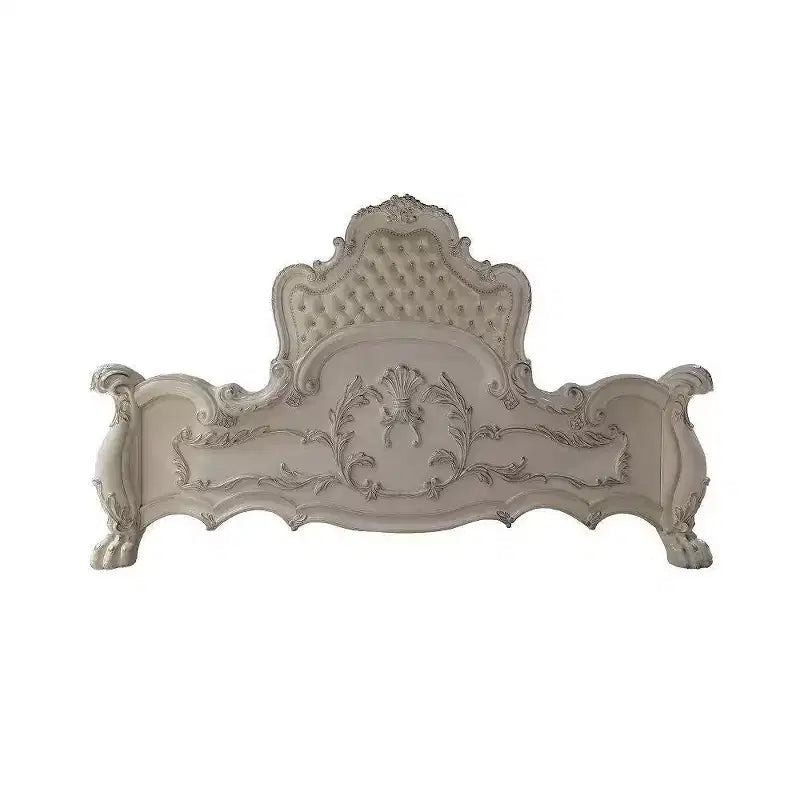 Grand lit double 92" avec sculptures de style rococo et similicuir