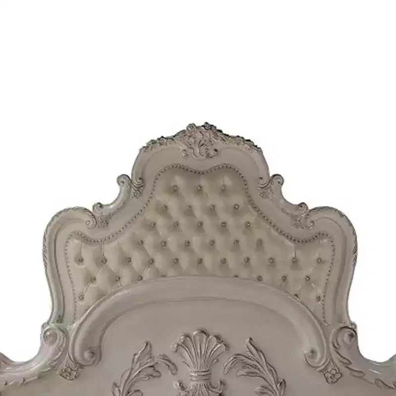 Grand lit double 92" avec sculptures de style rococo et similicuir