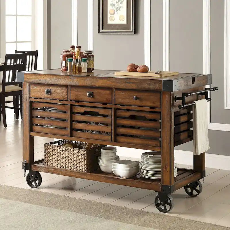 Desserte de cuisine à 3 tiroirs en châtaignier vieilli