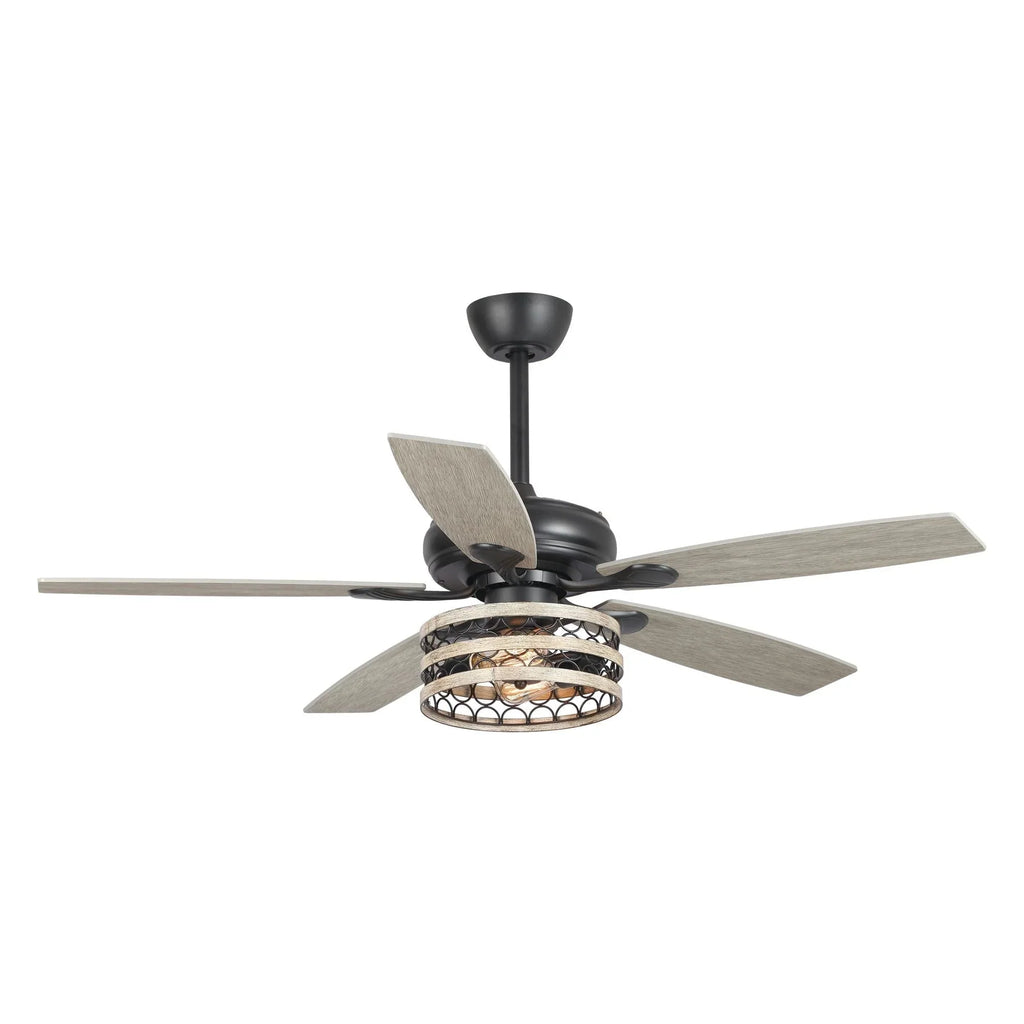 Ventilateur de plafond 52" Farmhouse Driftwood avec 5 pales, cage noire et télécommande