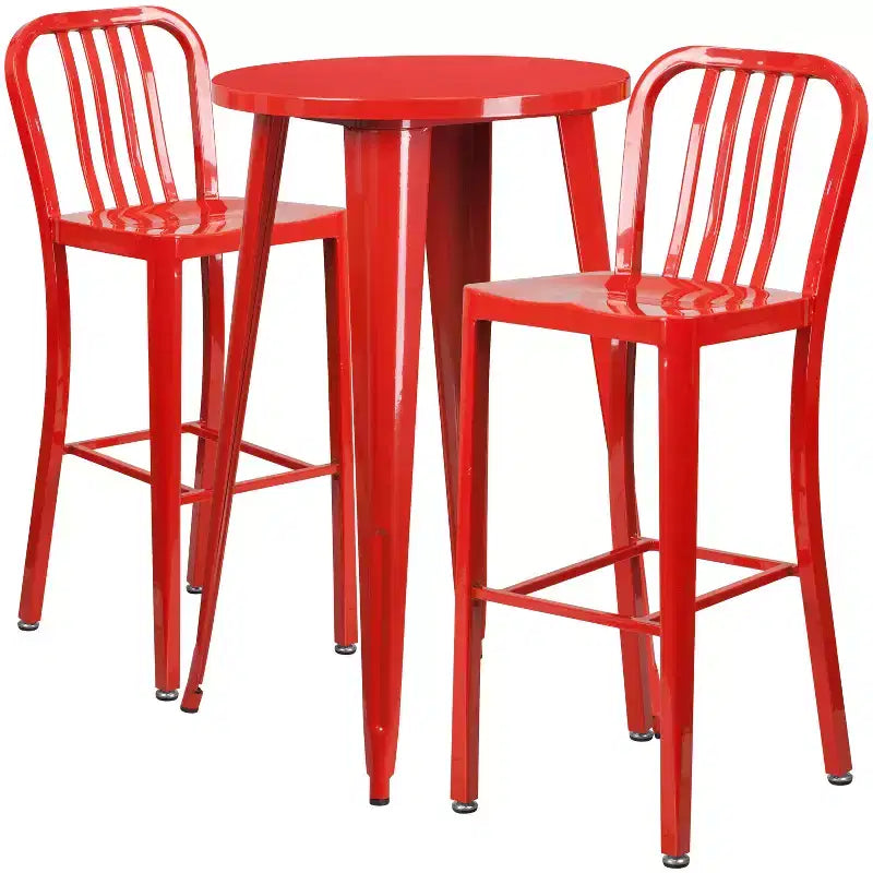 Flash Furniture Commercial Grade 24 Round Metal Indoor-Outdoor Bar Table Set with 2 Vertical Slat Back Stools