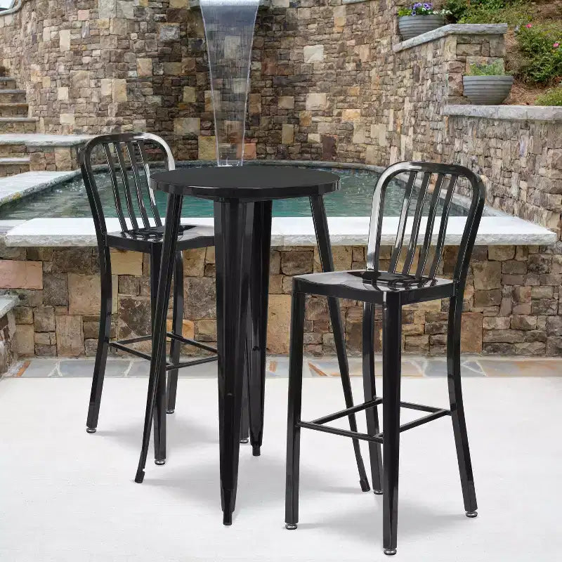 Flash Furniture Table de bar ronde 24" en métal de qualité commerciale pour intérieur/extérieur avec 2 tabourets à dossier à lattes verticales