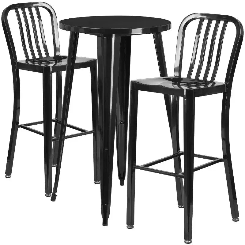 Flash Furniture Table de bar ronde 24" en métal de qualité commerciale pour intérieur/extérieur avec 2 tabourets à dossier à lattes verticales