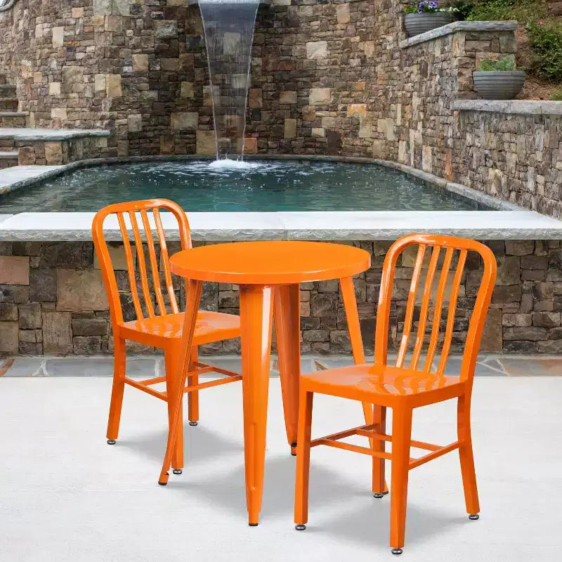 Flash Furniture Ensemble table ronde en métal de 61 cm de qualité commerciale pour intérieur/extérieur avec 2 chaises à dossier à barreaux verticaux