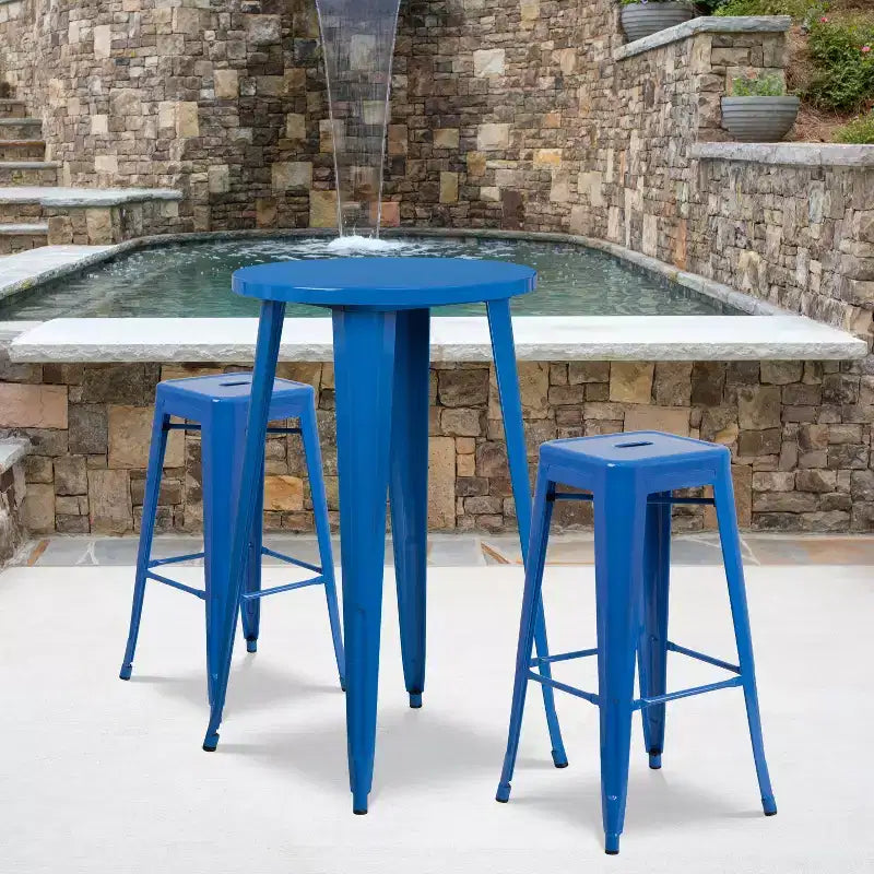 Ensemble table de bar ronde en métal de 24 po de qualité commerciale Flash Furniture pour l'intérieur et l'extérieur avec 2 tabourets sans dossier à assise carrée