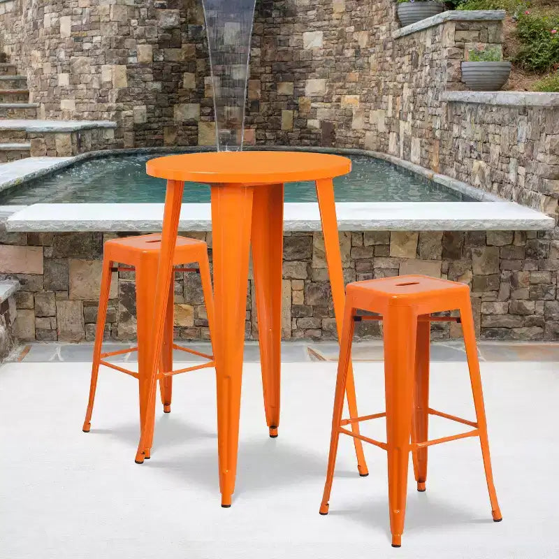 Ensemble table de bar ronde en métal de 24 po de qualité commerciale Flash Furniture pour l'intérieur et l'extérieur avec 2 tabourets sans dossier à assise carrée