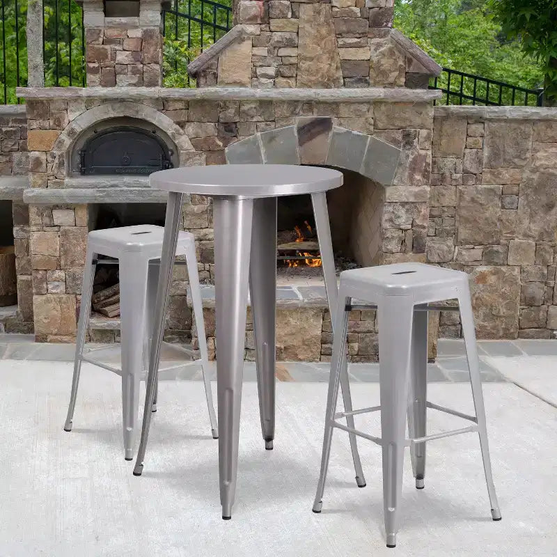 Ensemble table de bar ronde en métal de 24 po de qualité commerciale Flash Furniture pour l'intérieur et l'extérieur avec 2 tabourets sans dossier à assise carrée
