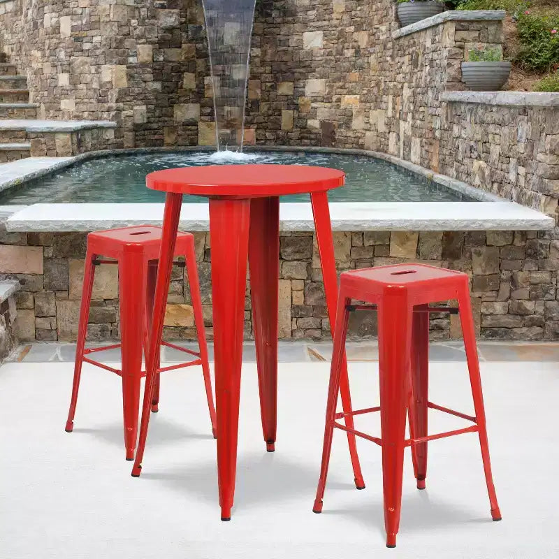 Ensemble table de bar ronde en métal de 24 po de qualité commerciale Flash Furniture pour l'intérieur et l'extérieur avec 2 tabourets sans dossier à assise carrée