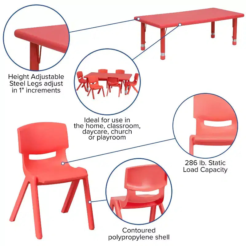 Flash Furniture Ensemble Table d'Activité Rectangulaire en Plastique, 61 x 122 cm, Réglable en Hauteur, avec 4 Chaises