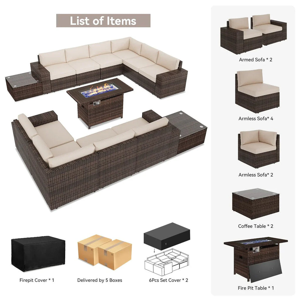 Ensemble de mobilier de jardin 13 pièces avec table brasero de 44 pouces