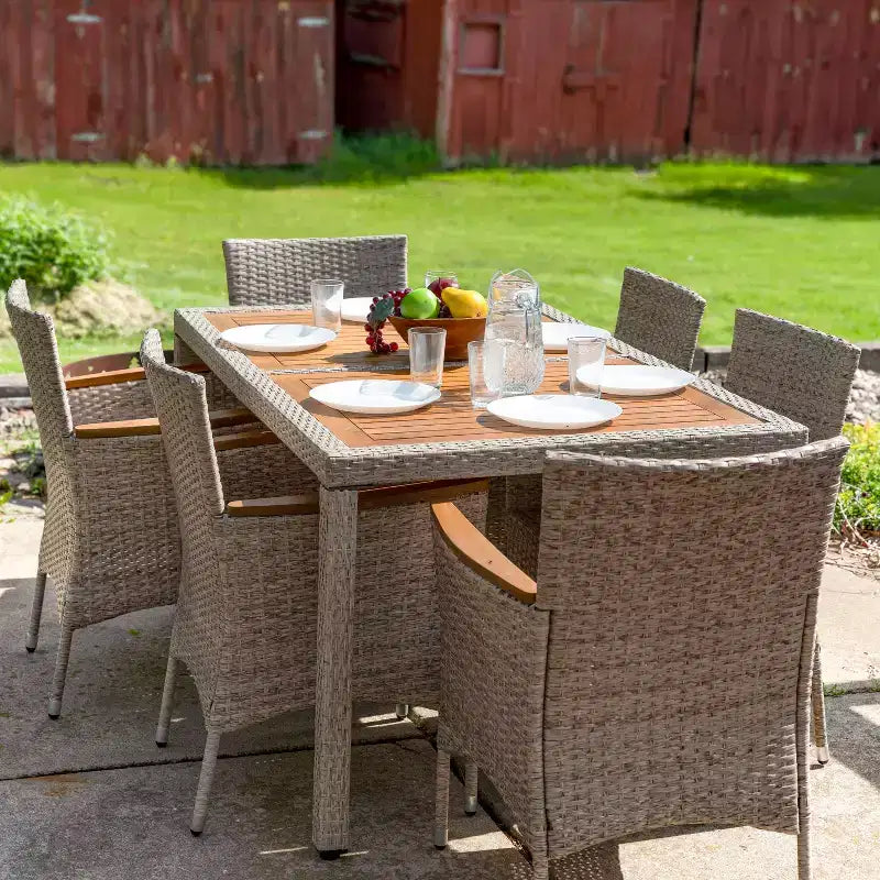 Sunnydaze Ensemble de salle à manger d'extérieur Foxford en rotin et bois d'acacia avec table, chaises et coussins d'assise – Gris – 7 pièces