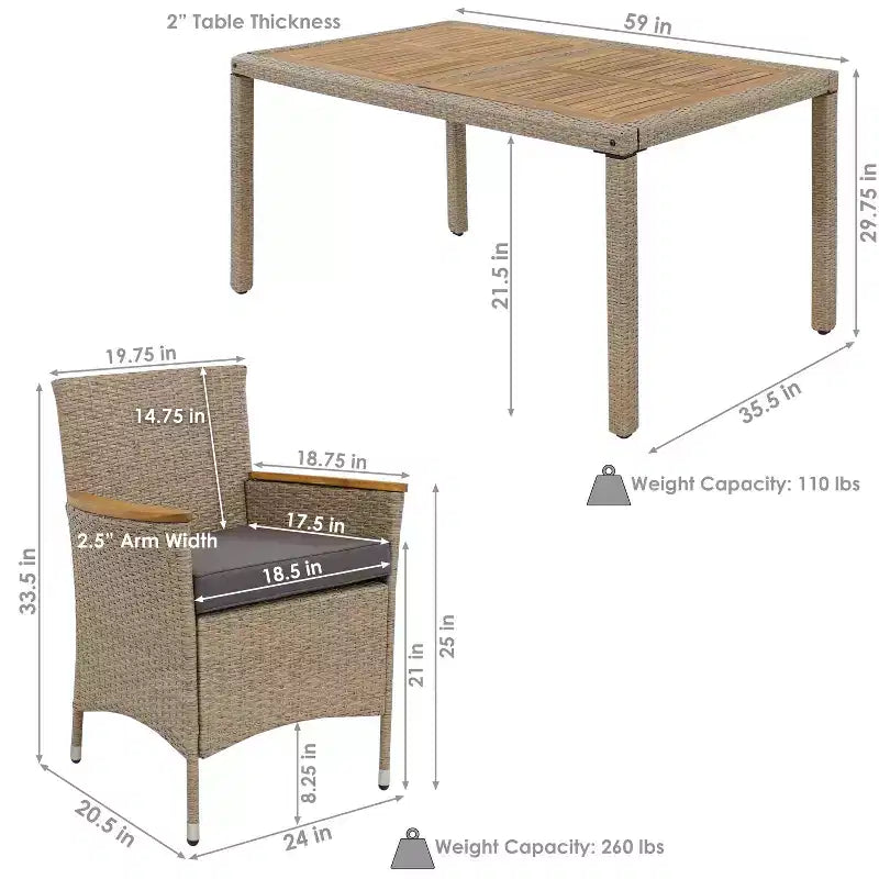 Sunnydaze Ensemble de salle à manger d'extérieur Foxford en rotin et bois d'acacia avec table, chaises et coussins d'assise – Gris – 7 pièces