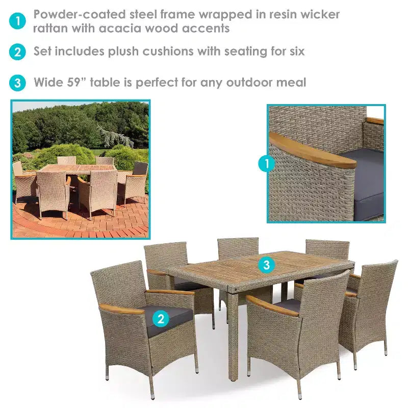 Sunnydaze Ensemble de salle à manger d'extérieur Foxford en rotin et bois d'acacia avec table, chaises et coussins d'assise – Gris – 7 pièces