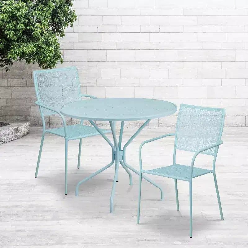 Ensemble de table de patio en acier ronde de 35,25 po de qualité commerciale Oia de Flash Furniture avec 2 chaises à dossier carré pour l'intérieur et l'extérieur