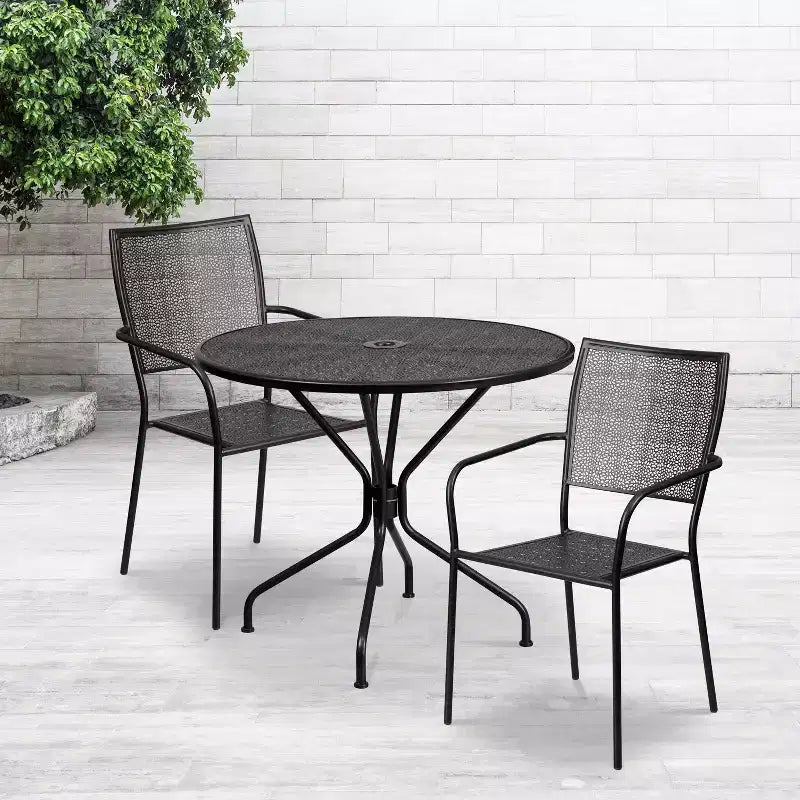 Ensemble de table de patio en acier ronde de 35,25 po de qualité commerciale Oia de Flash Furniture avec 2 chaises à dossier carré pour l'intérieur et l'extérieur