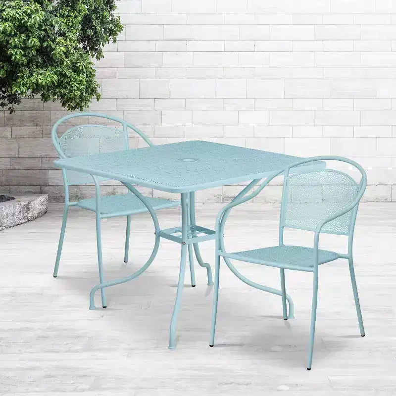 Ensemble de table de patio en acier de qualité commerciale Oia de Flash Furniture, carré de 35,5 po pour intérieur et extérieur, avec 2 chaises à dossier rond