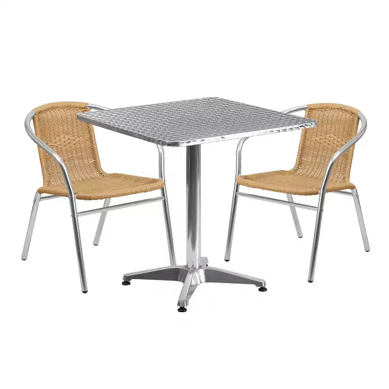 Emma and Oliver 27.5 Square Aluminum Garden Patio Table Set with 2 Rattan Chairs